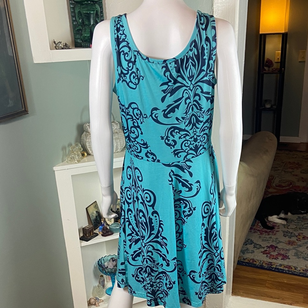 3/$12 Fensace Blue Filigree Damask Skater Dress Tank Midi Sundress XL XLarge - Picture 10 of 12